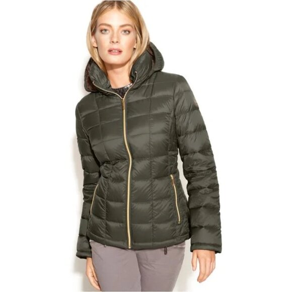 Michael Kors Down Puffer Jacket Packable Quilted Down Khaki Women' Sz Med - Picture 11 of 13